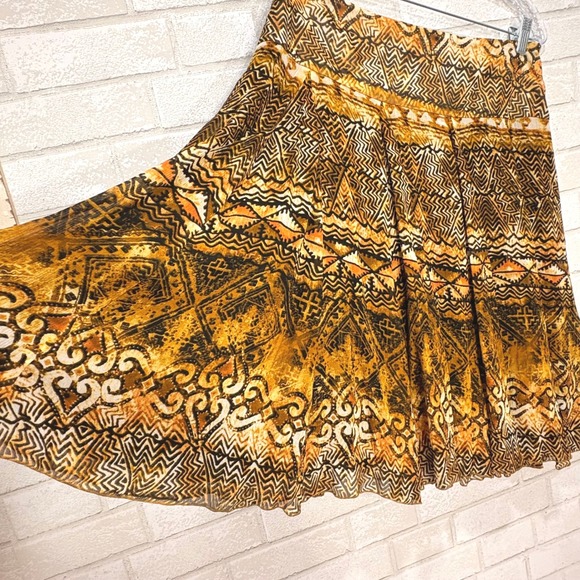 Chicos Pleated Tribal Silk Skirt Size 1 (Medium) Aztec Southwestern Boho Flowy - Picture 1 of 11